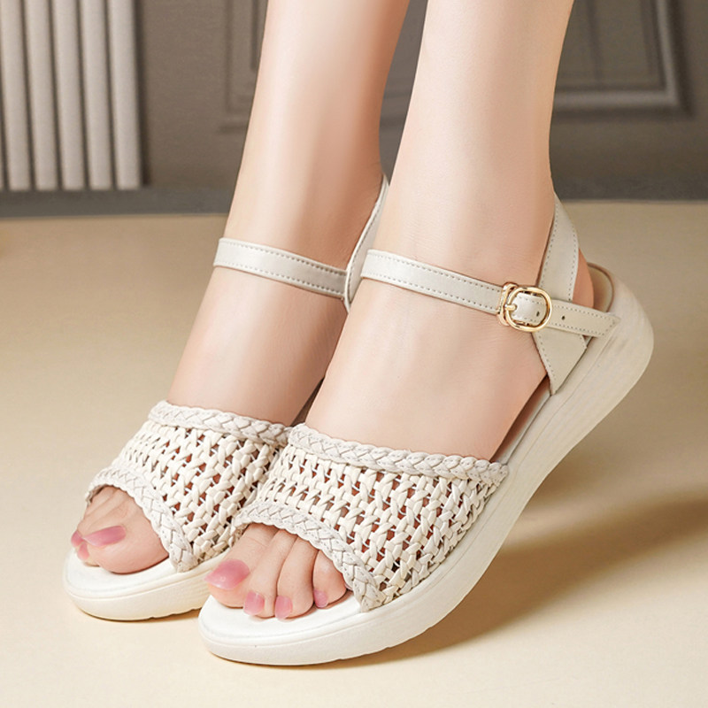 平底厚底凉鞋女款2026新款夏季透气女鞋镂空编织软底女士夏天鞋子