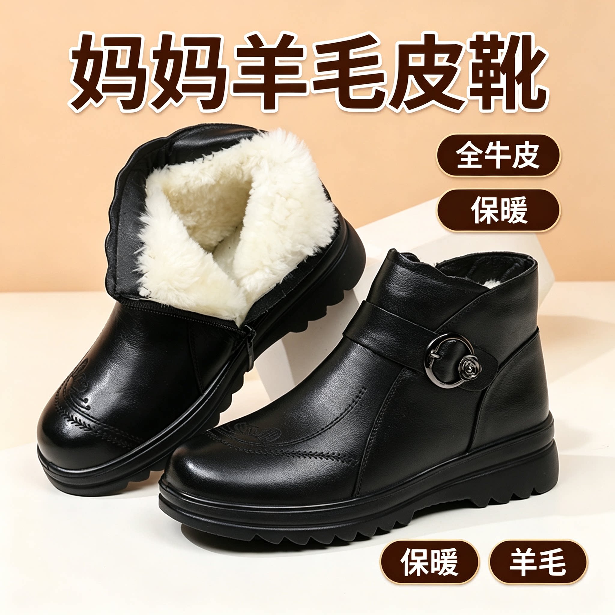 真皮短靴女软底绒棉靴羊毛妈妈鞋