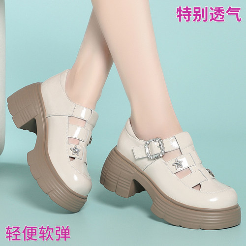 罗马凉鞋厚底粗跟增高女编织镂空