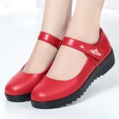 新款 真皮大码 平底平跟一字扣圆头中老年妈妈鞋 民族风春秋季 女单鞋