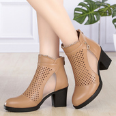 网纱镂空凉鞋 网靴女春夏季 女靴 真皮短靴中粗跟单鞋 鱼嘴鞋 新款 女鞋
