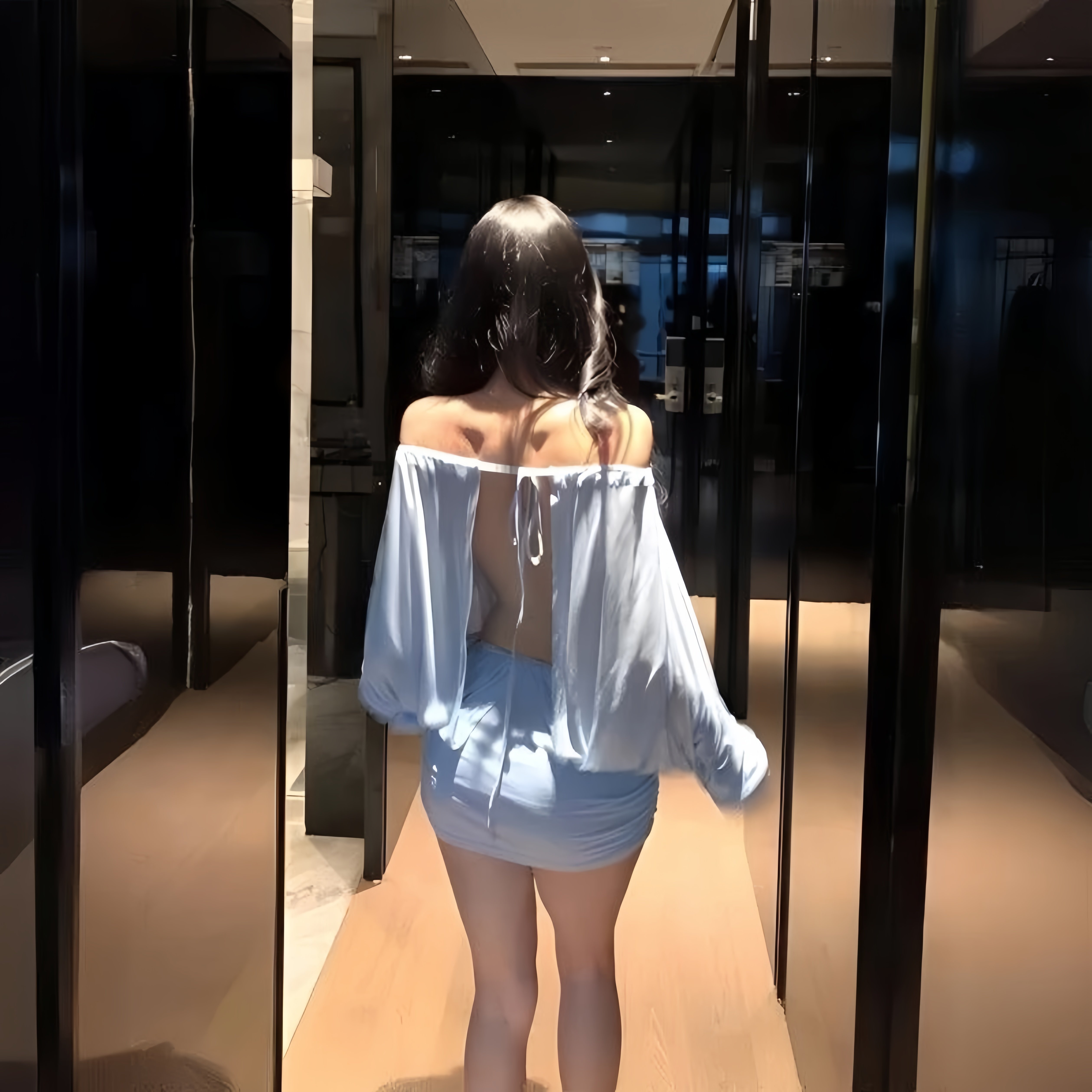 蓝色战袍*大码一字肩露背长袖连衣裙性纯欲风性感辣妹包臀短裙子