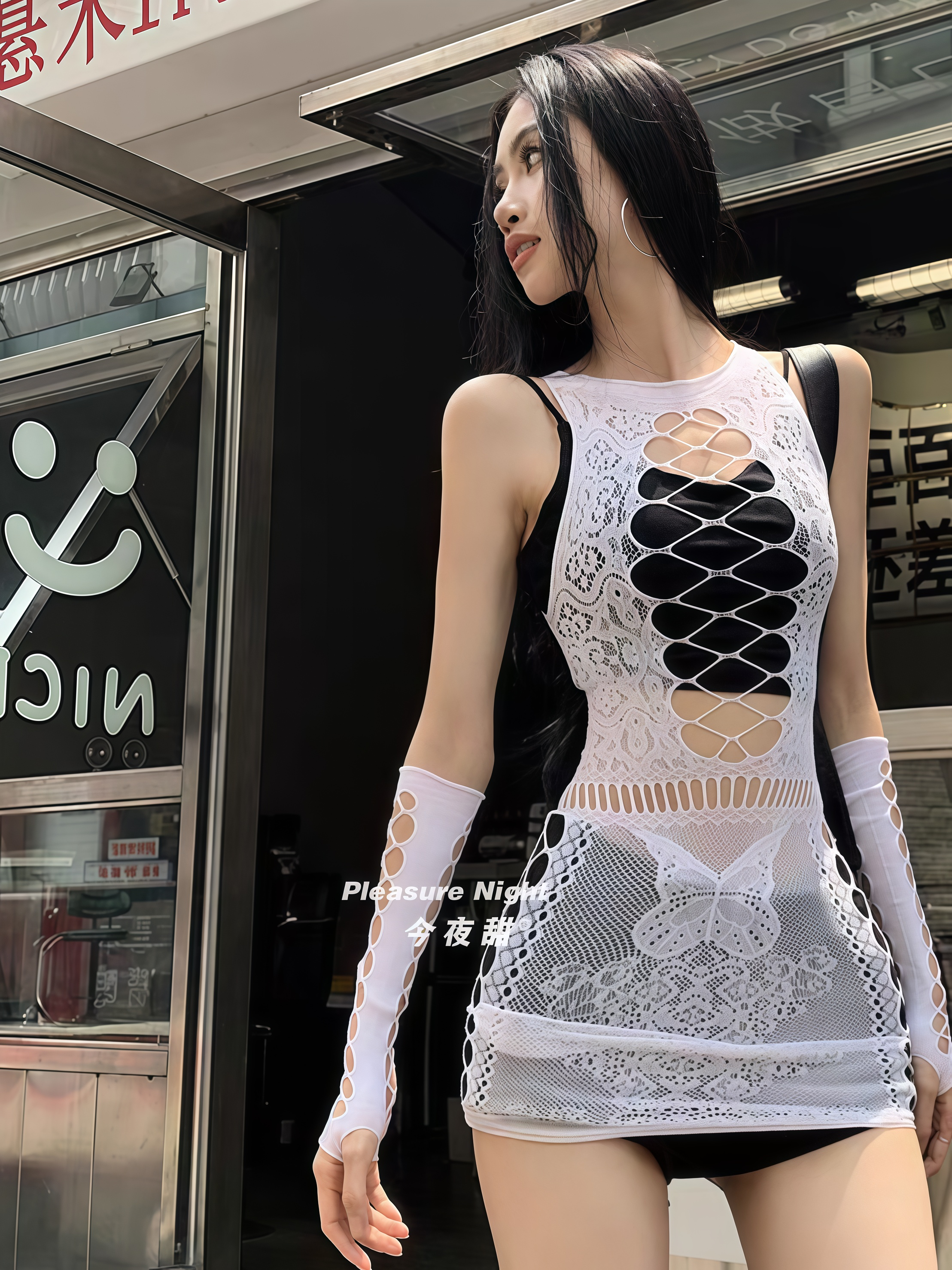 捕梦网*酒吧夜场领舞DJ演出服女性感辣妹黑白渔网镂空火辣上衣服