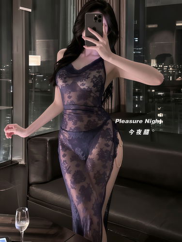 缠绵梦*性感蕾丝高开叉链条旗袍裙性感大码轻熟风情调趣味睡衣女
