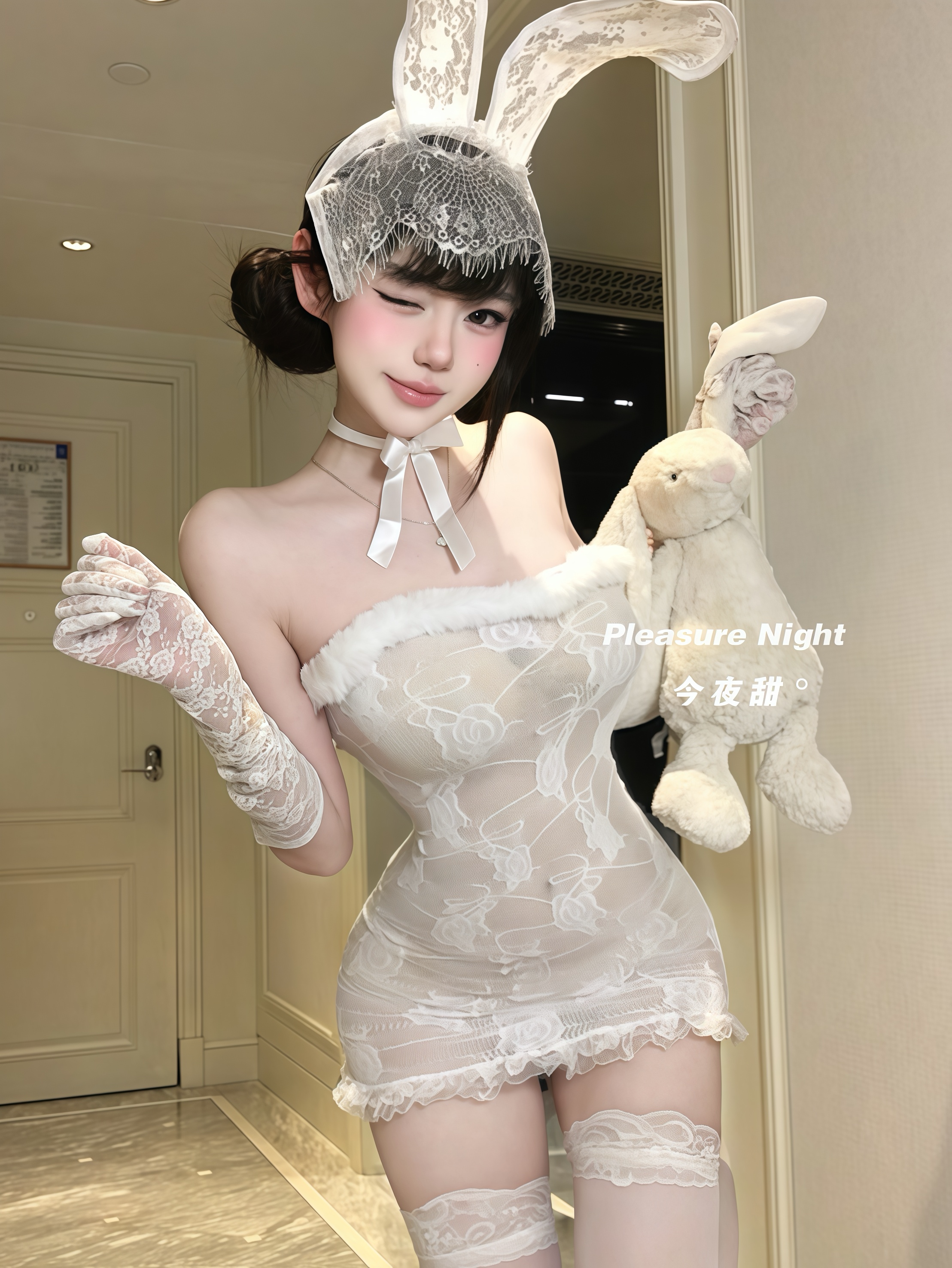蕾丝萌兔*性感纯欲风蕾丝包臀连衣裙cospaly制服套装情调趣味内衣