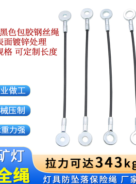 3mm黑色包胶钢丝保险绳工矿灯防坠绳鱼眼端子加工压制灯具安全绳