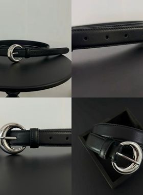 小众设计潮流月牙银扣腰带头层牛皮女士复古宽皮带百搭裤袋个性男