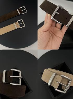 复古极简miu风反绒牛皮腰带女士3.5头层牛皮宽皮带耐用百搭配裤子