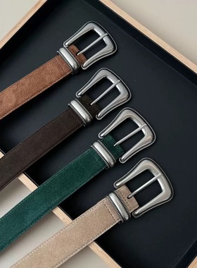 做旧复古银扣腰带祖母绿丝光绒面真皮女士皮带头层牛皮百搭配裙子