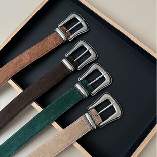 做旧复古银扣腰带祖母绿丝光绒面真皮女士皮带头层牛皮百搭配裙子