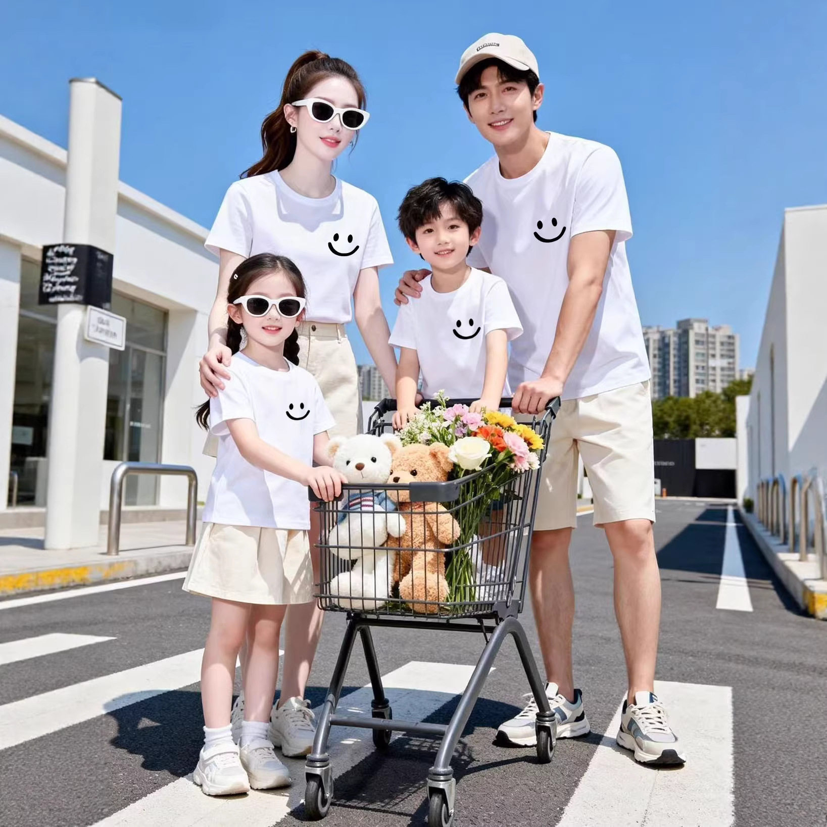 爆款笑脸标夏季热卖亲子装纯棉短袖T恤一家三口装学校活动演出服