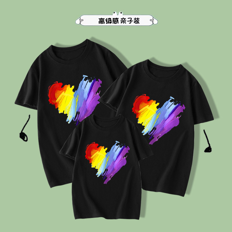 彩色爱心时髦短袖夏装新款亲子服加大码个性情侣装t恤洋气衣服潮