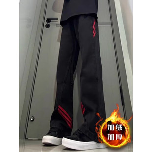 斜杠三条纹红黑撞色拼接休闲长裤加绒加厚直筒牛仔裤K8003P48网图
