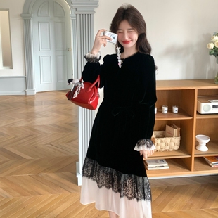 K268 黑色丝绒拼蕾丝花边长裙609P165 2026春季 新款