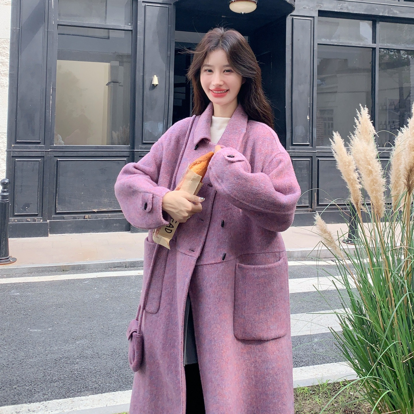 8677  紫色长款羊绒大衣送包包8677-P275-k408