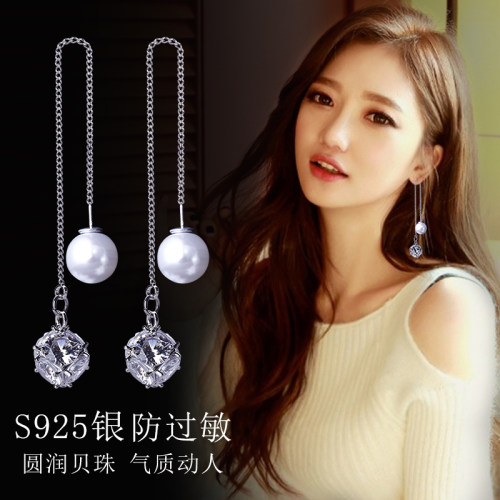 S925纯银耳钉女长款流苏防过敏超仙简约百搭耳环新潮2017气质耳坠