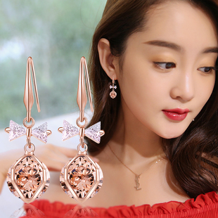 蝴蝶结锆石耳钉大气质简约韩国水晶珍珠个性长款耳坠防过敏耳环女