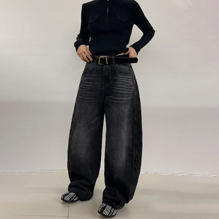 百搭直筒长裤 欧洲站抓绒牛仔裤 高腰宽松显瘦时尚 新款 女2025年冬季