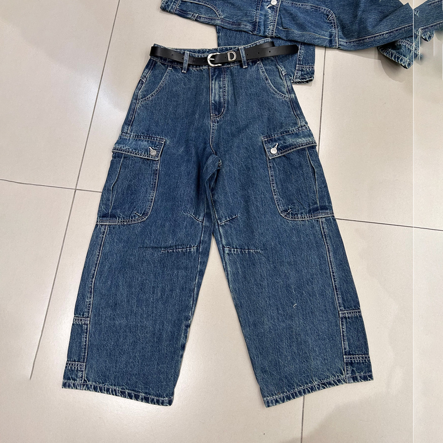 欧洲站九分牛仔裤女2026夏季新款复古工装高腰宽松多口袋阔腿裤女