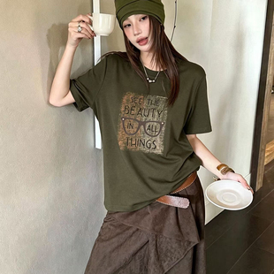 欧洲站休闲字母绣花烫钻宽松短袖T恤女2026秋季新品圆领棉质ins潮