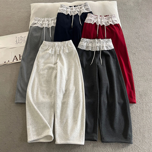 欧洲站加绒休闲裤女2025年高腰蕾丝花边弯刀裤女宽松显瘦阔腿卫裤