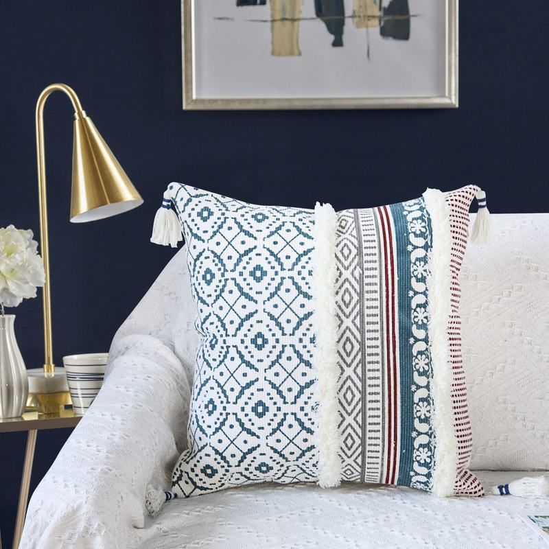 亚马逊爆款 北欧风波西米亚拼接簇绒流苏抱枕套客厅沙发套靠枕套