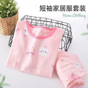 套装 女童睡衣夏季 短裤 纯棉家居服儿童竹节棉短袖 中大童薄 2026新款
