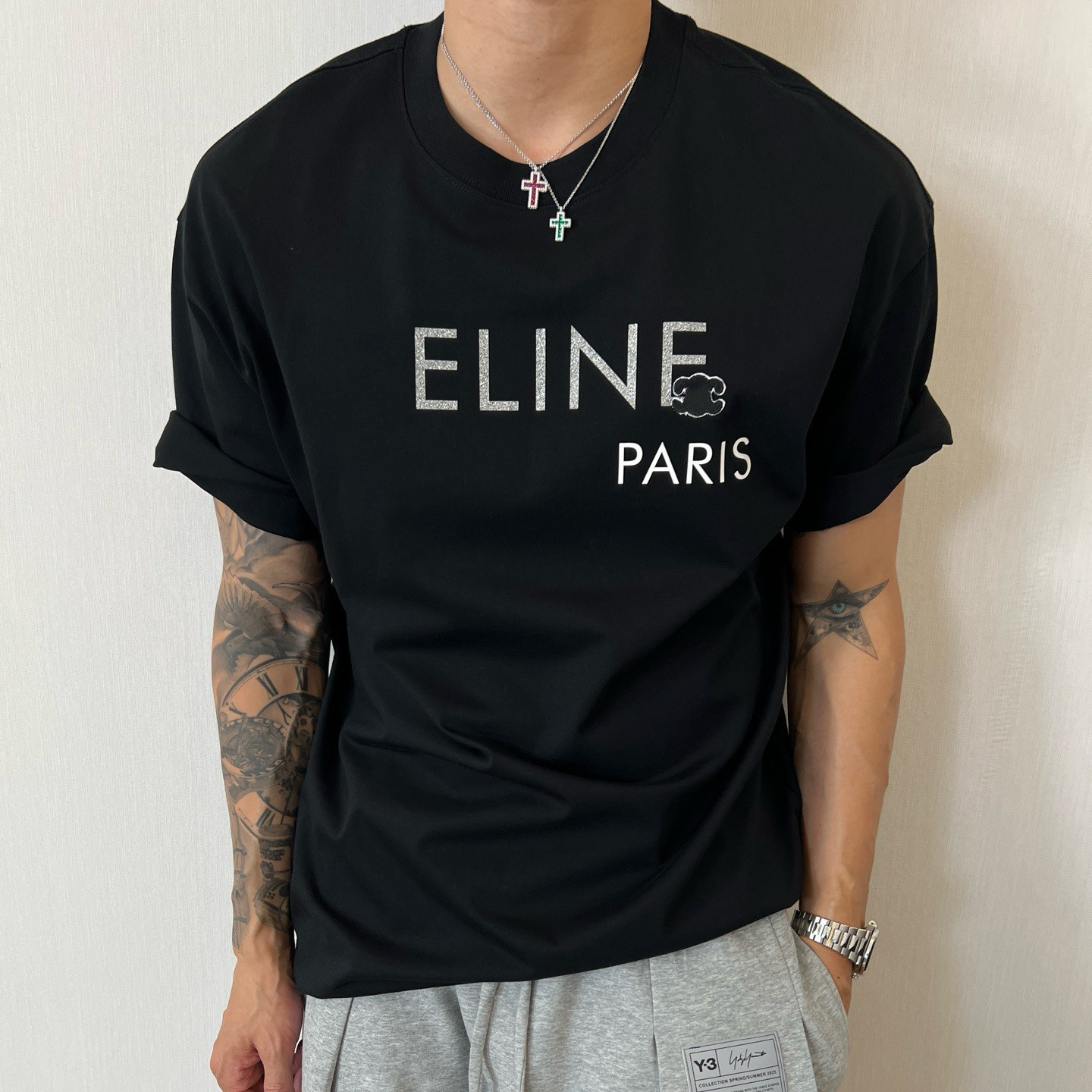 2026新款春夏银粉字母立体刺绣精梳纯棉亲肤舒适短袖T恤男款随性