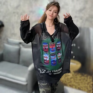 网纱拼接连帽长袖T恤衫女2026春夏新款字母印花连帽宽松套头上衣t