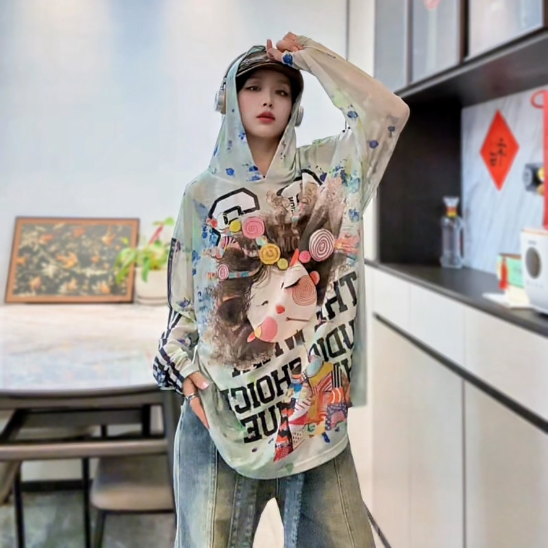 欧货长袖T恤连帽打底衫女网纱手绘印花新款潮牌宽松上衣t防晒帽衫