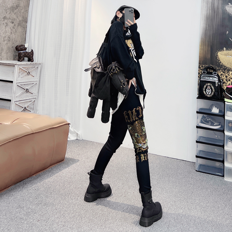 烫钻欧货薄款纯棉高腰小脚长裤女