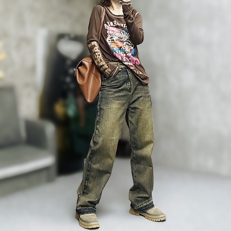 美式休闲牛仔裤复古做旧毛侧边水洗长裤直筒裤宽松街头女裤子新款,女装/女士精品,牛仔裤,淘宝优惠券,粉丝福利购,淘宝优惠卷