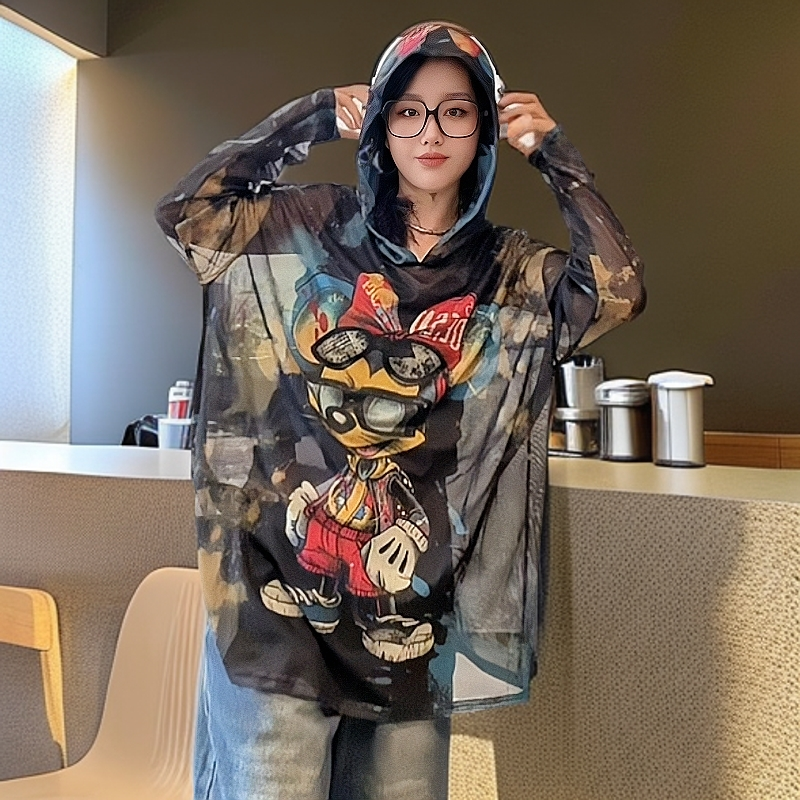 网纱卡通印花防晒长袖T恤新款潮牌宽松上衣t欧货连帽个性打底衫女