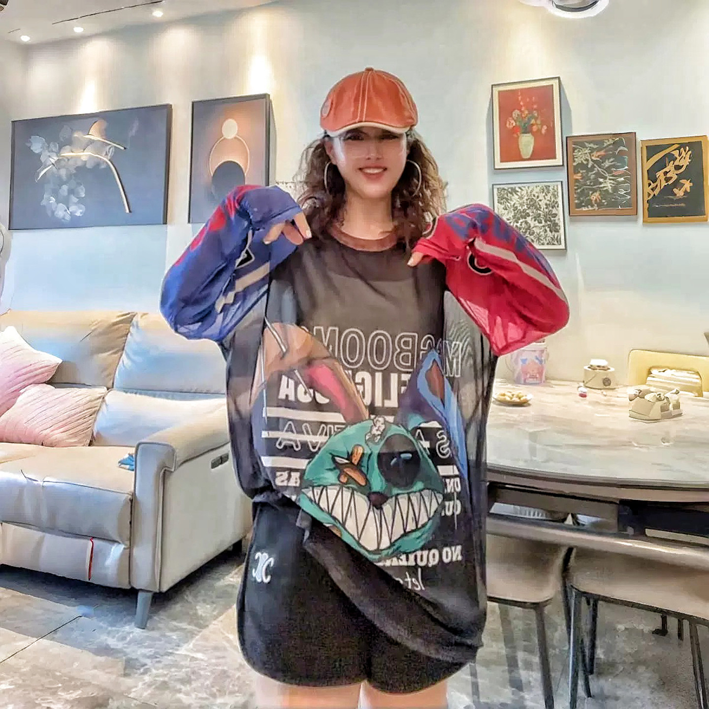 网纱大版T恤衫防晒罩衫女2025年新款薄款插肩袖卡通字母洋气上衣t,女装/女士精品,T恤,淘宝优惠券,粉丝福利购,淘宝优惠卷