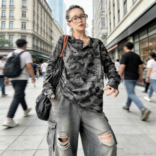 美式迷彩长袖T恤女套头个性上衣t
