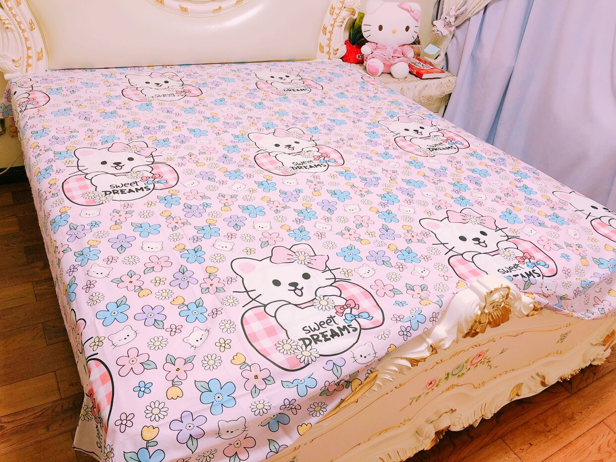 全棉kitty卡通床单 KT凯蒂猫微笑小猫淡粉色女孩可订做