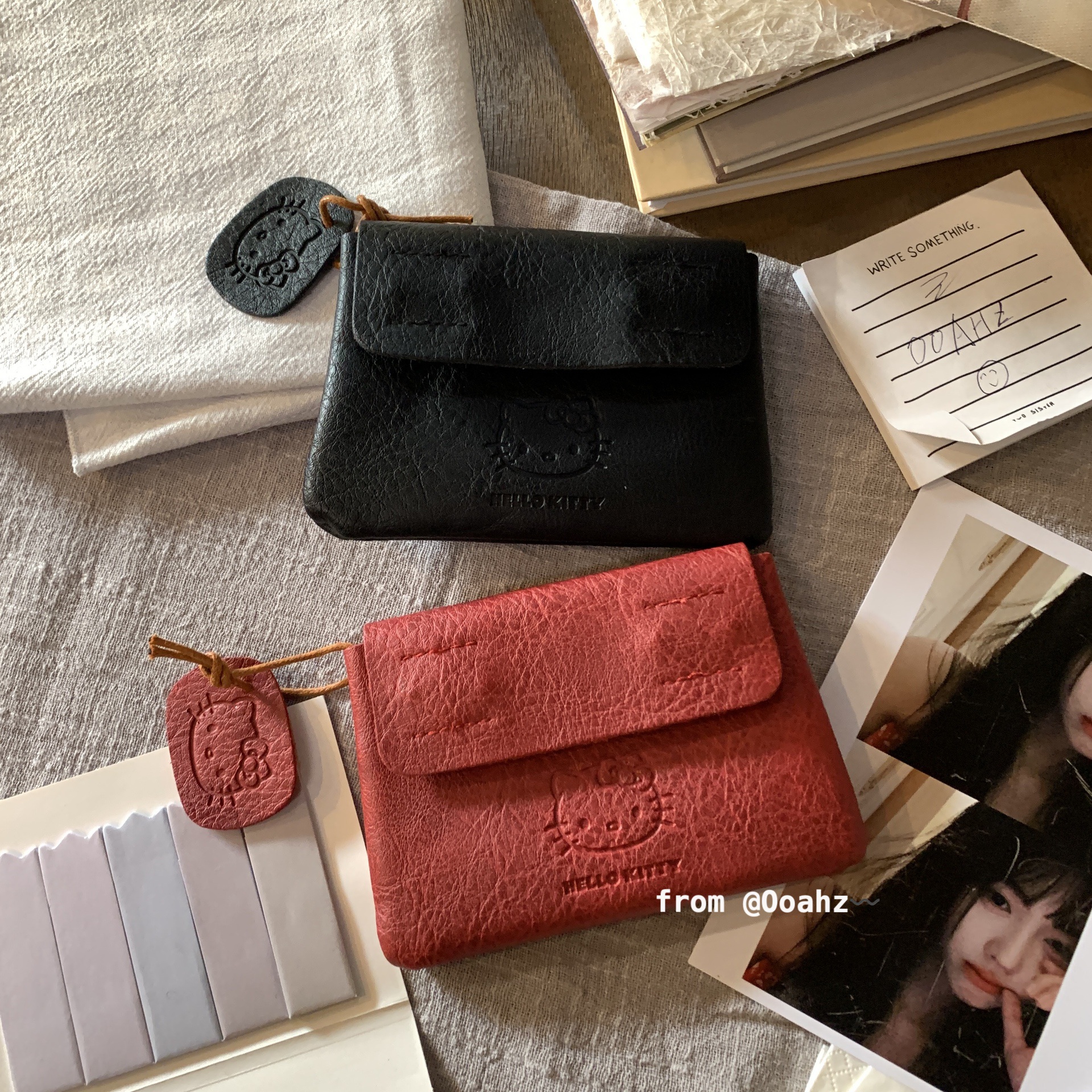 红喵黑皮~手工红色皮质零钱包 可爱迷你kt便携耳机证件随身小卡包