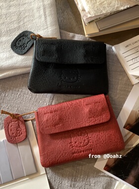 红喵黑皮~手工红色皮质零钱包 可爱迷你kt便携耳机证件随身小卡包