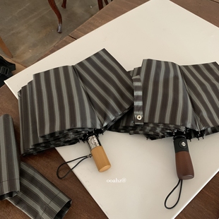 禁欲系绅士风~复古灰条纹木柄全自动雨伞 便携男友伞可防晒商务伞