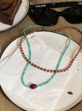 繁花~复古氛围感锁骨链 红蓝配色串珠ins小众设计气质叠戴颈项链