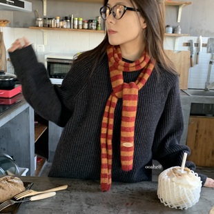 腊肠主题～秋冬条纹穿搭凹造型小围巾羊毛线针织细长时髦撞色围脖