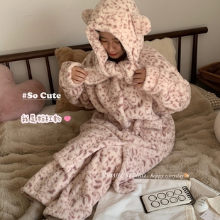 粉红顽皮豹~珊瑚绒加绒厚豹纹连帽睡袍长裤 冬季家居服可外穿睡衣