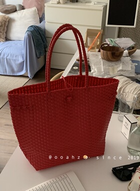 夏日序章 红色重工PVC编织包 大容量实用托特包菜篮子百搭沙滩包