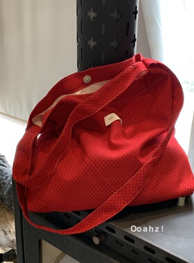 《最爱》红色波点单肩包 韩国ins小众托特包斜挎双肩带帆布包袋女