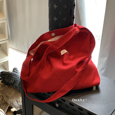 《最爱》红色波点单肩包 韩国ins小众托特包斜挎双肩带帆布包袋女