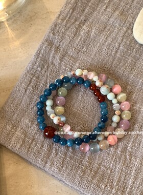 浅海碎梦~七彩猫眼石搭配天然水晶手串！小众手作串珠ins手链配饰