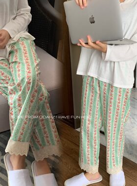 甜美清新碎花蕾丝边家居裤