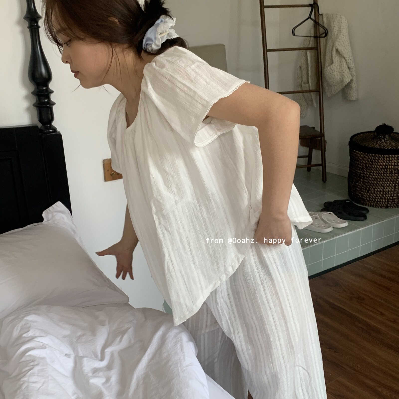 《白日梦》夏季纯棉提花短袖睡衣长裤套装 韩系圆点ins慵懒家居服