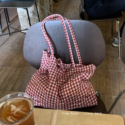 千年格子 薄棉垂感~春夏红白格少女心系带布袋 学院文艺帆布包包