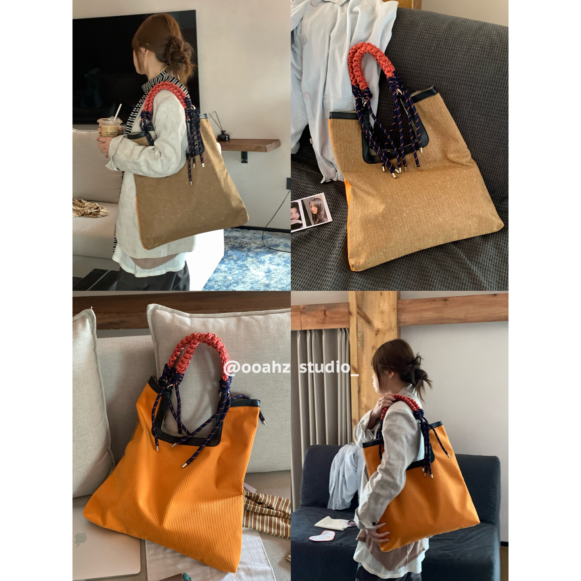 《秋收姜黄》~小众设计百搭双面撞色灯芯绒手提袋编绳单肩托特包